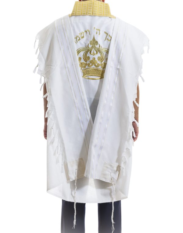 טלית אקרילן מעוטרת ברקמת כתר בצבע זהב – דגם ‘כתר מלוכה’