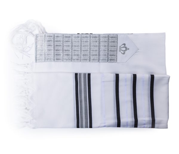 ⁦טלית אקרילן איכותית עם פסים שחורים ועטרה בעיצוב יוקרתי⁩ – תמונה ⁦3⁩