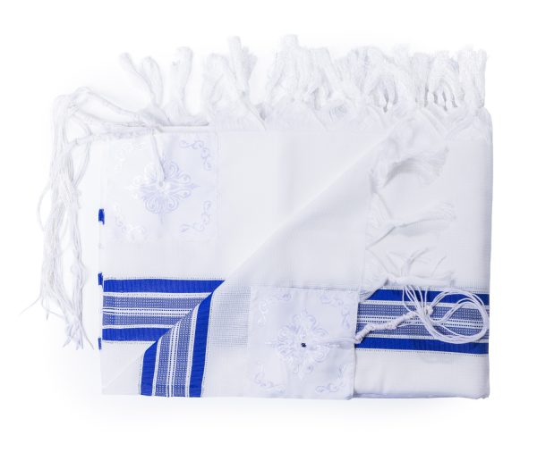 ⁦טלית אקרילן איכותית עם פסים כחולים ועטרה בעיצוב יוקרתי⁩ – תמונה ⁦2⁩