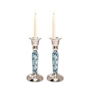 Tall Blue Diamond Shaped Shabbat Candlesticks