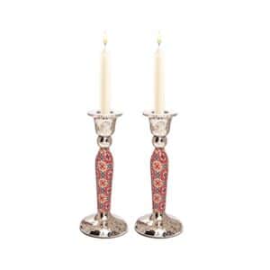 Tall Sabbath Candlesticks with Floral Texture in Burgundy Shades