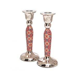 Tall Sabbath Candlesticks with Floral Texture in Burgundy Shades