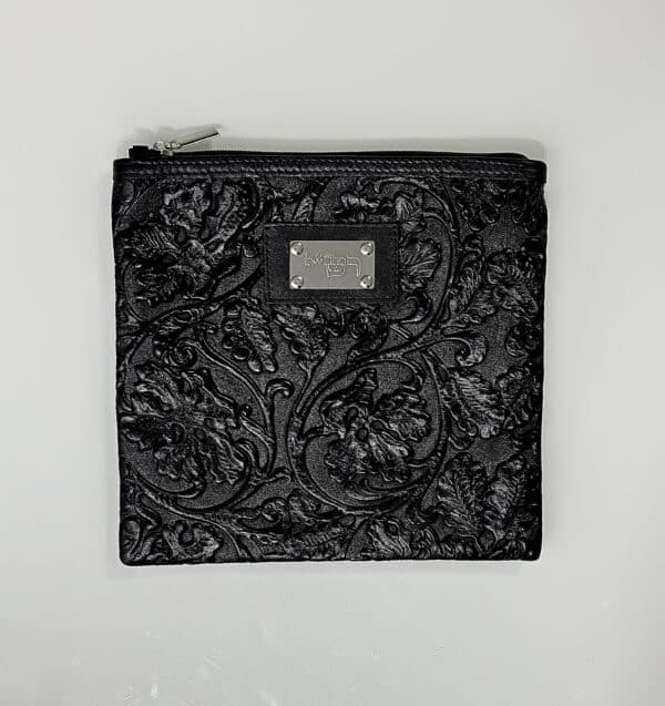 נרתיק לתפילין רש"י מעור אמיתי מבריק בצבע שחור עם טקסטורה של עלים