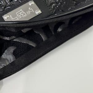 Shiny Genuine Leather Rashi Tefillin Case in Black with Leaf Texture