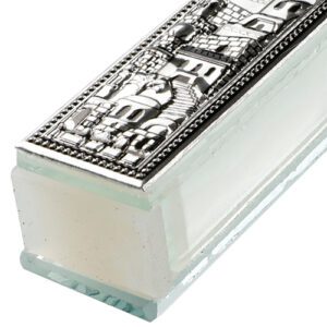 בית מזוזה מזכוכית עם עיטורי מתכת 'ירושלים' - מתאים לכל קלף עד 15 ס”מ