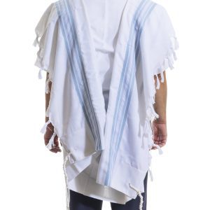 Elegant Wool Tallit in White with Light Blue and Silver Stripes