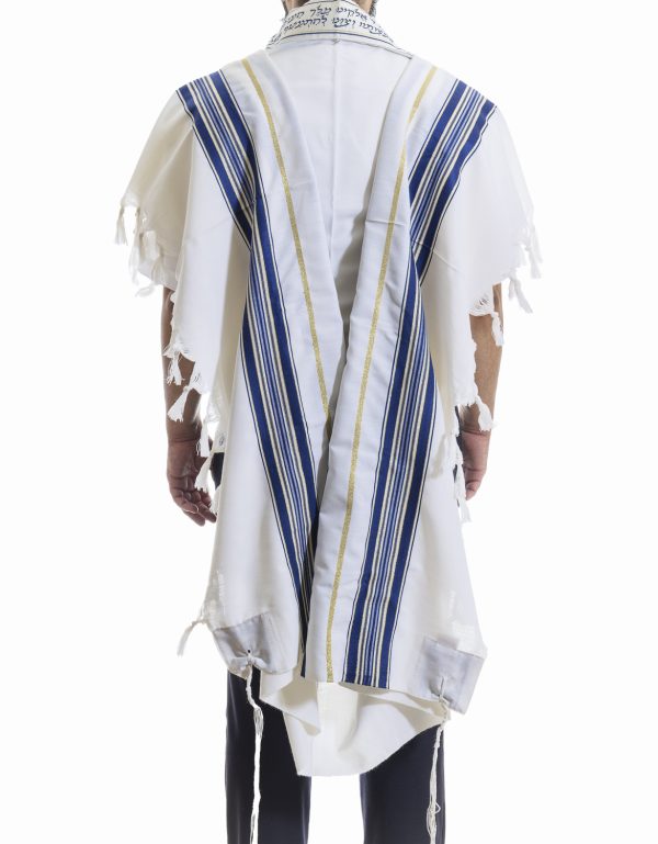 ⁦טלית מהודרת מצמר עם פסים בצבע כחול וזהב⁩ – תמונה ⁦3⁩