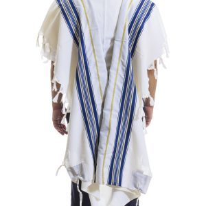 Elegant Wool Tallit with Blue and Gold Stripes