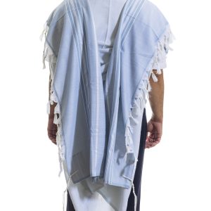 Elegant Tallit made of wool in light blue color with stripes in shades of light blue, white, and silver