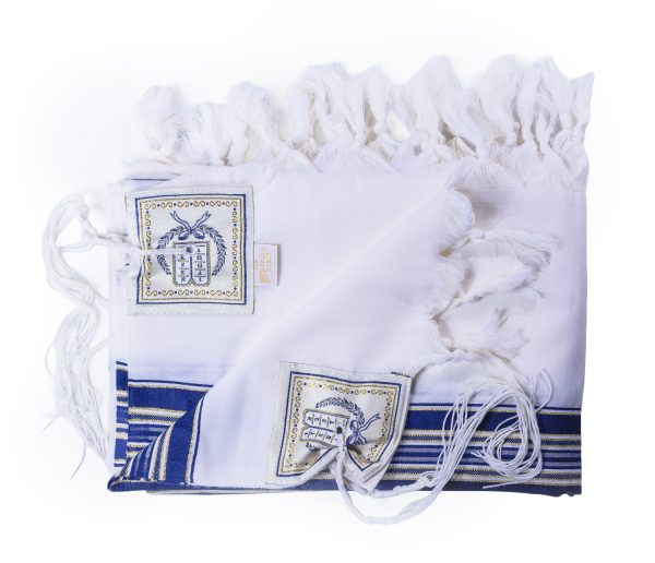 ⁦טלית מהודרת מצמר עם פסים בצבע כחול וזהב⁩ – תמונה ⁦2⁩