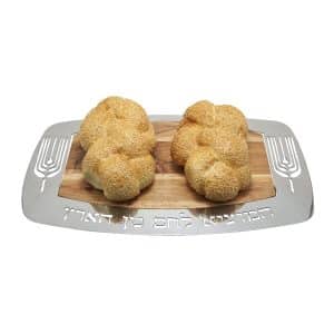 Rectangular wooden Shabbat Challah tray with stainless steel frame decorated with wheat design