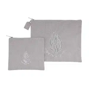 תיק לטלית ותפילין מבד קטיפה בצבע פשתן עם רקמת 'האש שלי' בצבע כסף