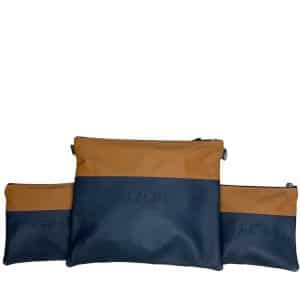 סט תיקי טלית ותפילין יוקרתי מעור אמיתי – דגם "קולור-בלוק" כחול וקאמל