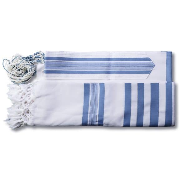 טלית מהודרת מצמר עם פסי תכלת וציציות פתיל תכלת