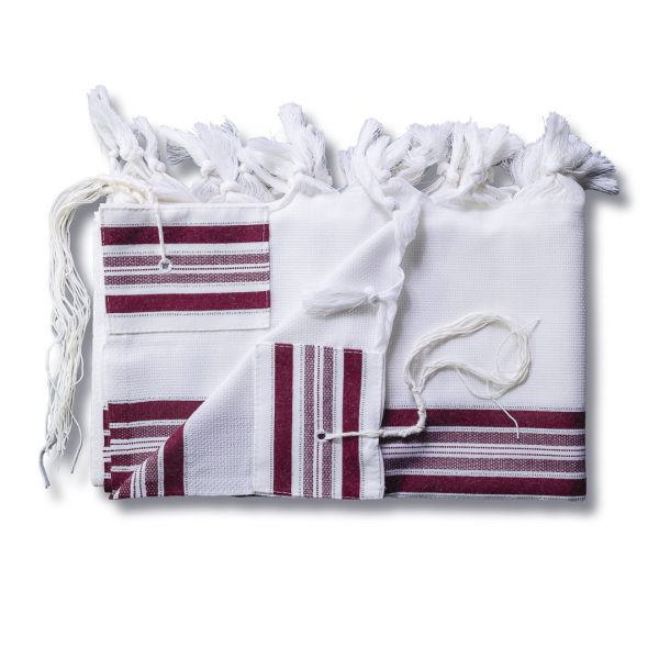 ⁦טלית מהודרת מצמר עם פסים בגווני בורדו ופסי כסף מבריקים⁩ – תמונה ⁦2⁩