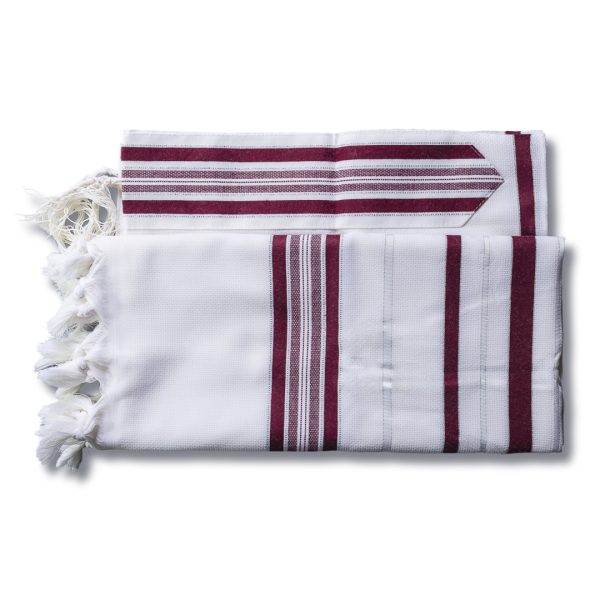 טלית מהודרת מצמר עם פסים בגווני בורדו ופסי כסף מבריקים