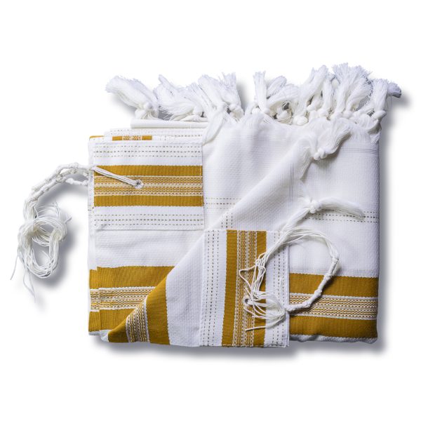 ⁦טלית מהודרת מצמר עם פסים בגווני חרדל וזהב⁩ – תמונה ⁦2⁩