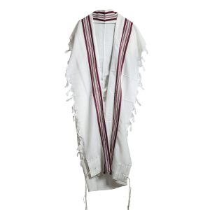 Elegant Wool Tallit with Stripes in Burgundy Shades and Shiny Silver Stripes