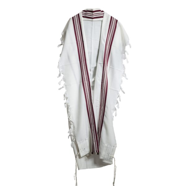 ⁦טלית מהודרת מצמר עם פסים בגווני בורדו ופסי כסף מבריקים⁩ – תמונה ⁦3⁩