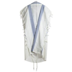 Elegant Wool Tallit with Stripes in Sky Blue and Silver Shades