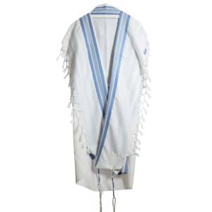 Elegant Wool Tallit with Light Blue Stripes and Light Blue Threaded Tzitzit