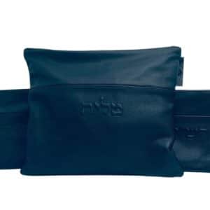 סט כיסויים לטלית ותפילין מעור אמיתי – דגם "רויאל" כחול עמוק