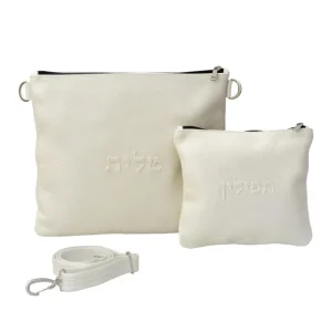 סט תיקי טלית ותפילין מעור אמיתי – דגם שוהם לבן פנינה