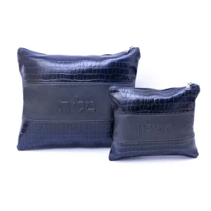 סט תיקי טלית ותפילין מעור אמיתי – דגם כחול משולב קרוקו יוקרתי